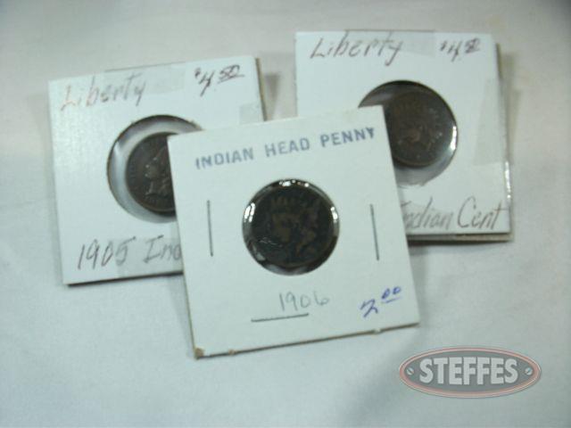 (3) Indian Head Pennies, 1905, 1906, 1908